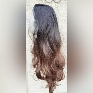 New 22” Long Wavy Curls Synthetic Hair Wig Dark Brown Light Brown Ombre Lace